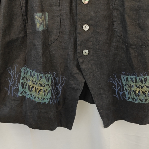 VTG Blue Fish RARE 100% Linen Hand Printed Coral Button Up Black Shirt Size 1 - Picture 9 of 15